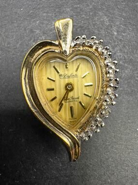 Vtg Dufonte by LP Ladies Heart Quartz Watch Pendant Diamond Gold Tone 19mm